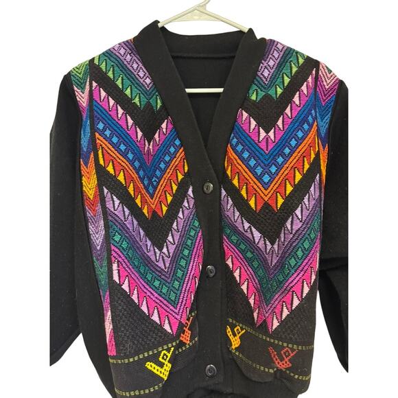 Vintage Boho Southwestern Cardigan  Geometric Knit Black Button Front Sweater - Picture 2 of 3